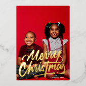 ワンフォトメリークリスマスタイポグラフィシンプル金ゴールド 箔シーズンカード (正面)