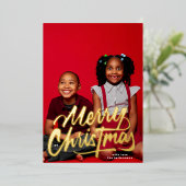 ワンフォトメリークリスマスタイポグラフィシンプル金ゴールド 箔シーズンカード (立ち正面)