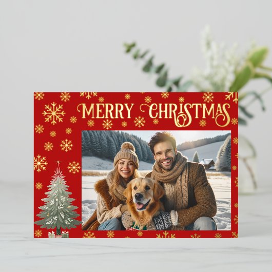 ワンフォトメリークリスマスファミリー金ゴールド 箔シーズンカード (立ち正面)