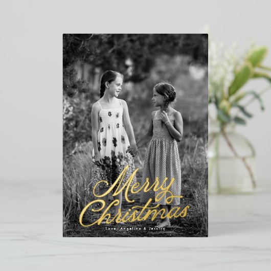 ワンフォトレタリングオーバーレイメリークリスマス金ゴールド 箔シーズンカード (立ち正面)