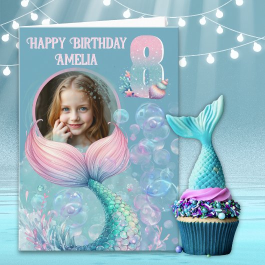 ワンフォト・人魚の尾・8歳の誕生日カード カード