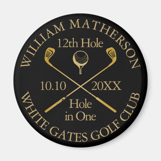 ワンブラックとパーソナライズされた金ゴールドのゴルフホール マグネット (正面)