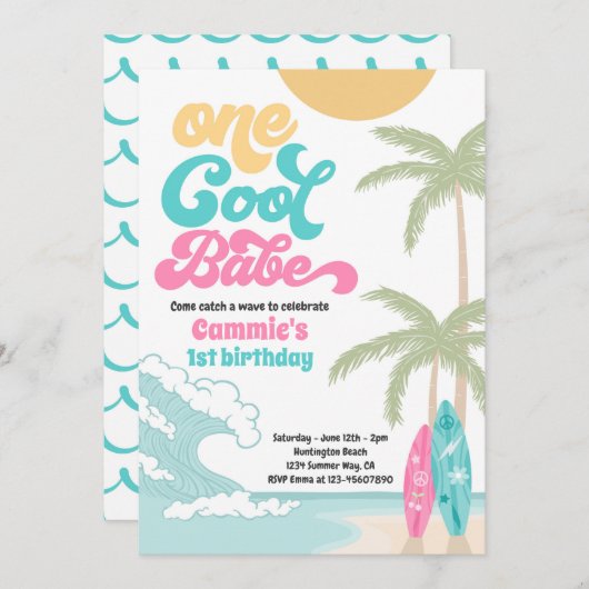 ワンベクールーレトロサーフ1st誕生日パーティー 招待状 (正面/裏面)