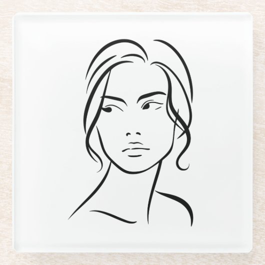 ワンラインウーマン顔スケッチ4 ガラスコースター (正面)