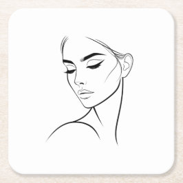 ワンラインウーマン顔スケッチNo3 スクエアペーパーコースター