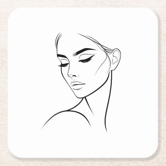 ワンラインウーマン顔スケッチNo3 スクエアペーパーコースター (正面)