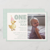 ワンラッキーアヒルの最初の誕生日パーティーの招待状 招待状 (正面/裏面)