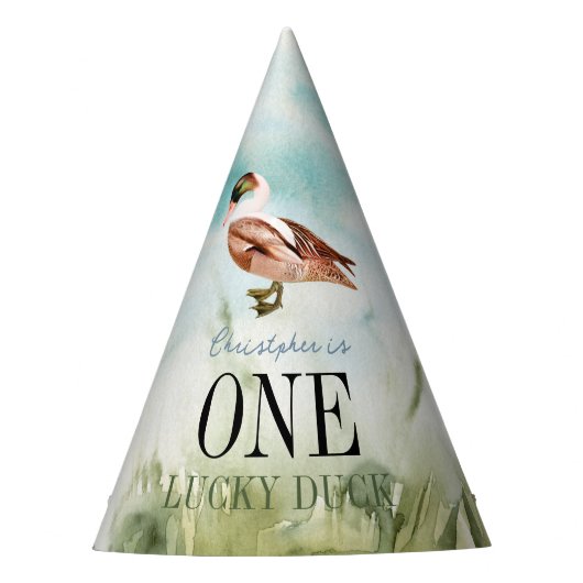 ワンラッキーアヒル水彩少年1歳の誕生日 パーティーハット (正面)