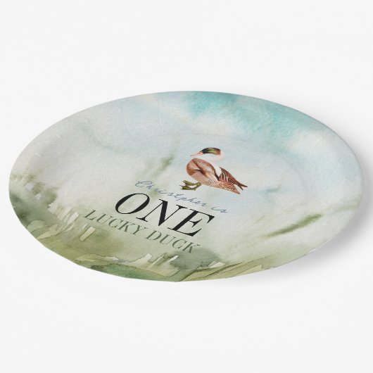 ワンラッキーアヒル水彩少年1歳の誕生日 ペーパープレート (アングル)