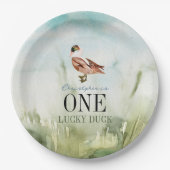 ワンラッキーアヒル水彩少年1歳の誕生日 ペーパープレート (正面)