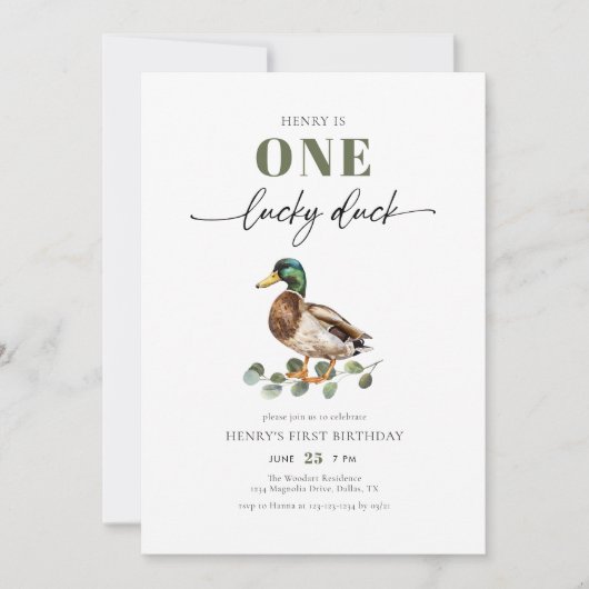 ワンラッキーアヒル水彩少年1歳の誕生日 招待状 (正面)