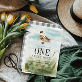 ワンラッキーアヒル水彩少年1歳の誕生日 招待状