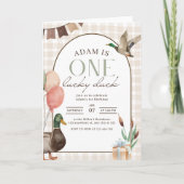 ワンラッキーアヒル誕生日招待状、ボーイズ1歳の誕生日 招待状 (正面)