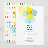 ワンラッキーアヒル1st誕生日パーティーかわいい水色 招待状 (正面/裏面)