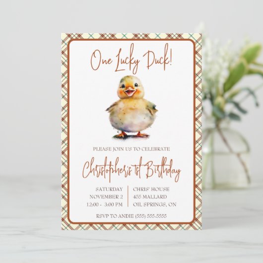 ワンラッキーアヒル、ファースト誕生日キッズ誕生日 招待状 (スタンド正面)