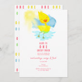 ワンラッキーダックガール1st誕生日パーティー水色 招待状 (正面/裏面)