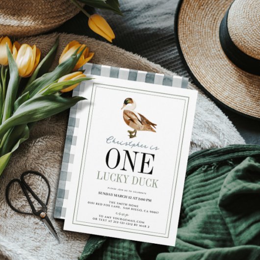 ワンラッキーダッククラシック少年1歳の誕生日 招待状