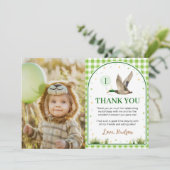 ワンラッキーダックグリーンジンガム誕生日写真 サンキューカード (スタンド正面)