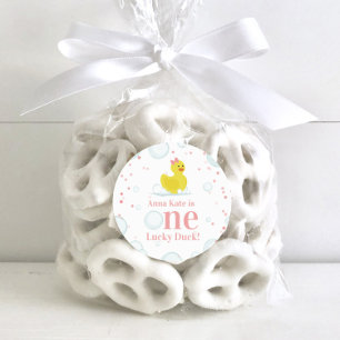 ワンラッキーダックピンクの最初の誕生日パーティー ラウンドシール