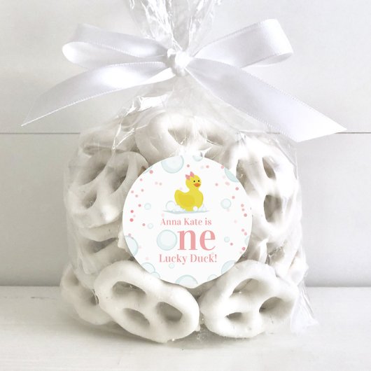 ワンラッキーダックピンクの最初の誕生日パーティー ラウンドシール