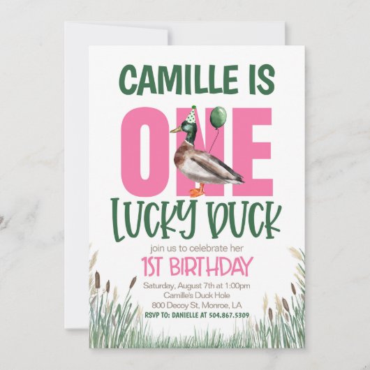 ワンラッキーダックファースト誕生日 招待状 (正面)