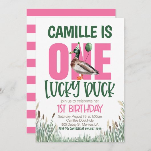 ワンラッキーダックファースト誕生日 招待状 (正面/裏面)