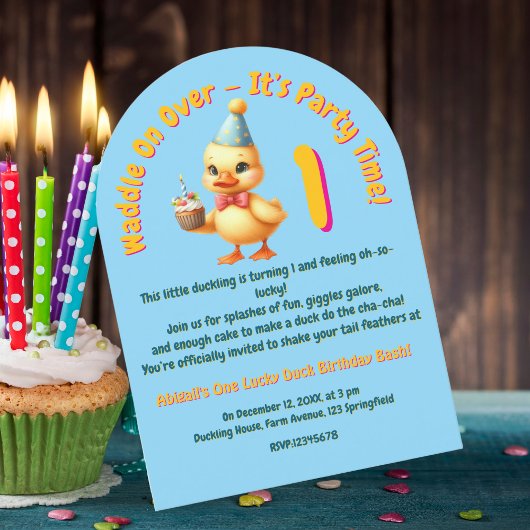 ワンラッキーダックフォトガーリー子供の誕生日 招待状