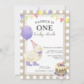 ワンラッキーダック男女兼用ファースト誕生日 招待状 (正面)