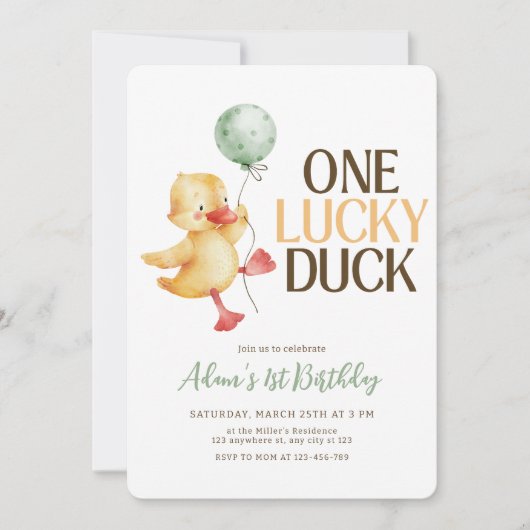 ワンラッキーダック誕生日招待状子供の誕生日 招待状 (正面)