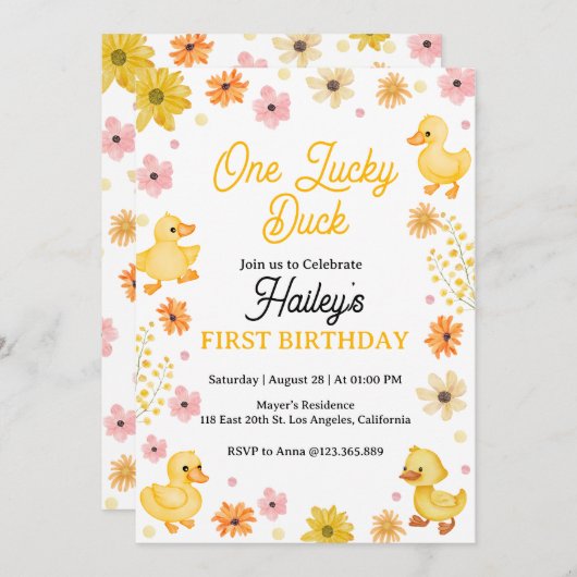 ワンラッキーダック誕生日招待状 招待状 (正面/裏面)