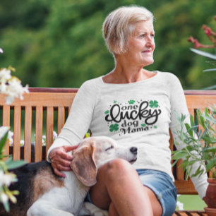ワンラッキードッグママクローバーポーホワイト長袖 Tシャツ