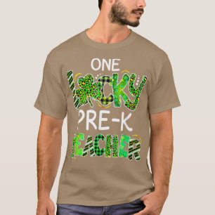 ワンラッキープレK先生シャムロックレオパードプレイドパット Tシャツ