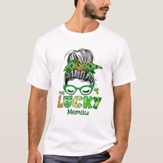 ワンラッキーミューMessy Bun Leopard聖パトリックの日 Tシャツ