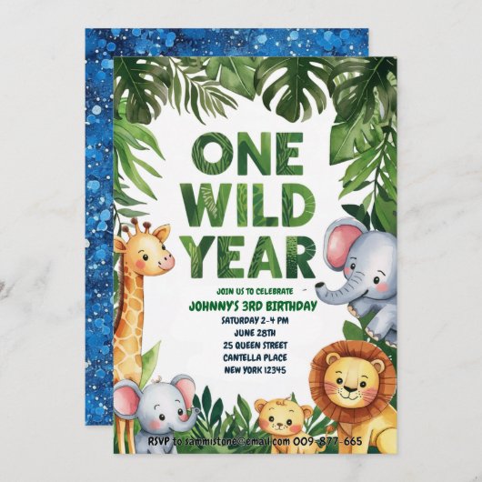 ワンワイルドイヤー1歳の誕生日招待状 招待状 (正面/裏面)