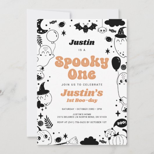 ワン不気味オレンジ幽霊ハロウィーン誕生日 招待状 (正面)