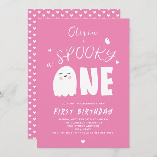 ワン不気味ガールズピンク幽霊ハロウィーン1日 招待状 (正面/裏面)