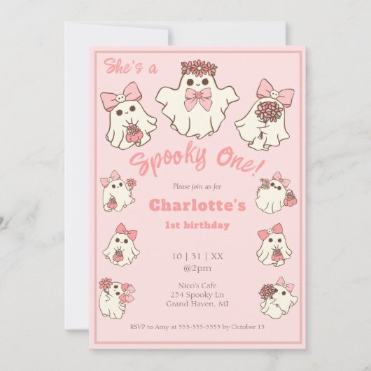 ワン不気味キュートなピンク幽霊&ボウズ1歳の誕生日 招待状 (正面)