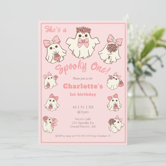ワン不気味キュートなピンク幽霊&ボウズ1歳の誕生日 招待状 (スタンド正面)