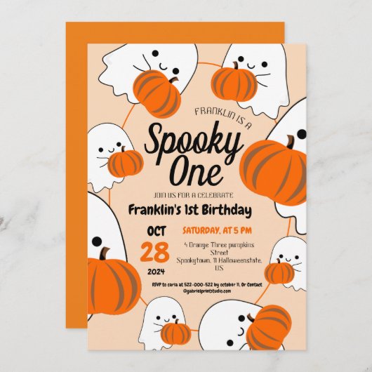 ワン不気味ハロウィーンかわいいグールズ誕生日パーティー 招待状 (正面/裏面)