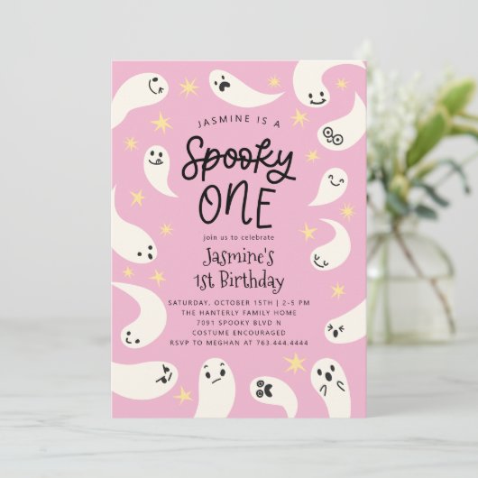 ワン不気味ハロウィーンピンク幽霊誕生日 招待状 (スタンド正面)