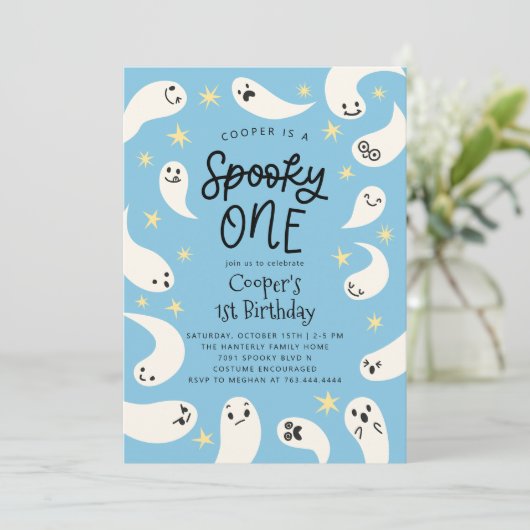 ワン不気味ハロウィーンブルー幽霊誕生日 招待状 (スタンド正面)