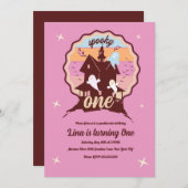 ワン不気味ハロウィーン第1誕生日幽霊ピンク 招待状 (正面/裏面)