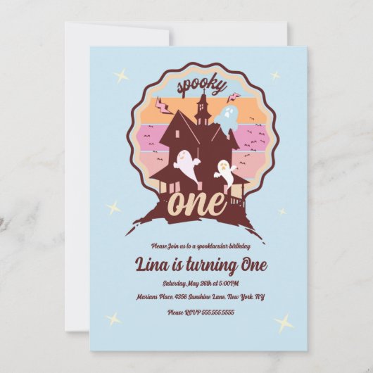 ワン不気味ハロウィーン第1誕生日幽霊ブルー 招待状 (正面)