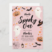 ワン不気味ハロウィーン1stバースデーガールピンク幽霊 招待状 (正面/裏面)