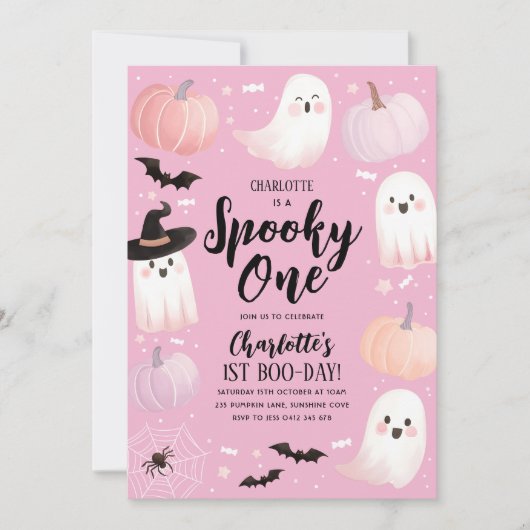 ワン不気味ハロウィーン1stバースデーガールピンク幽霊 招待状 (正面)