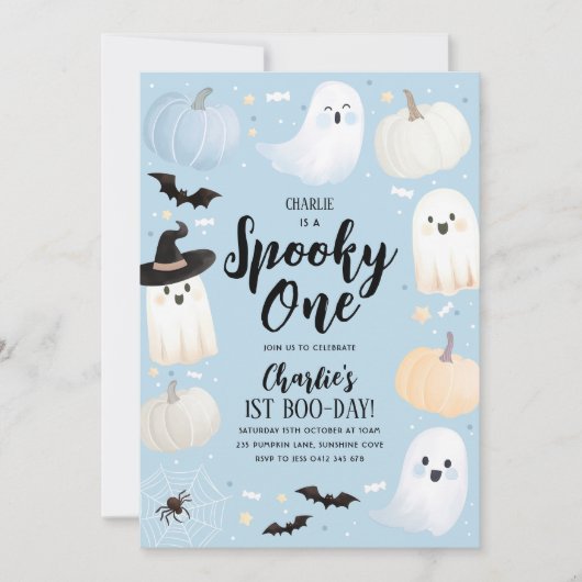 ワン不気味ハロウィーン1stバースデーボーイブルー幽霊 招待状 (正面)