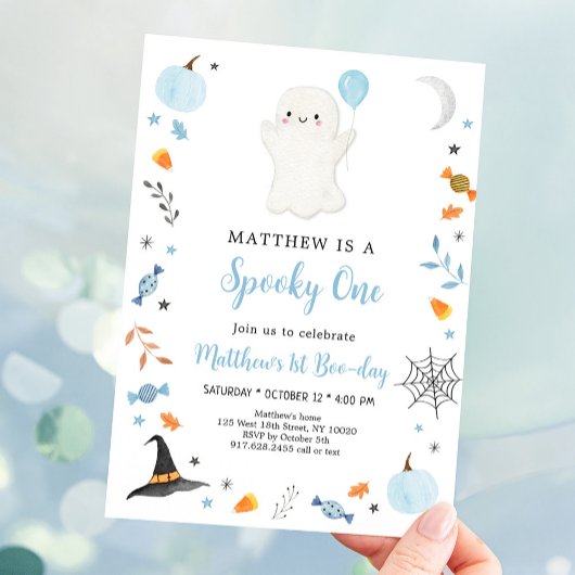 ワン不気味ブルー幽霊ハロウィーン誕生日 招待状