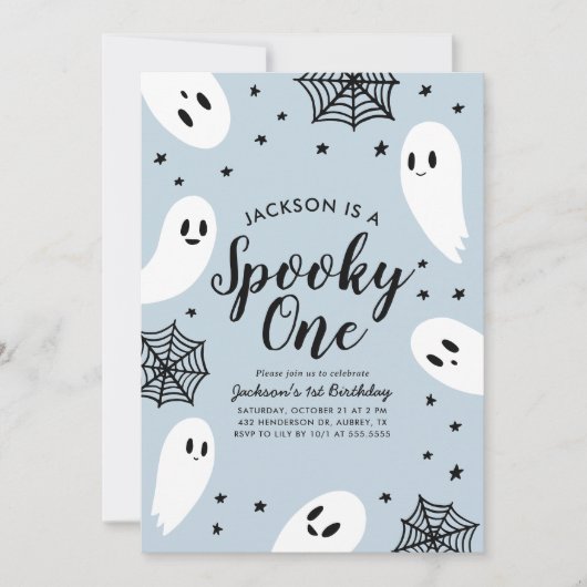 ワン不気味ブルー幽霊ハロウィーン1歳の誕生日 招待状 (正面)