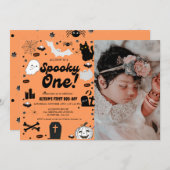 ワン不気味レトログロビハロウィンファースト誕生日 招待状 (正面/裏面)