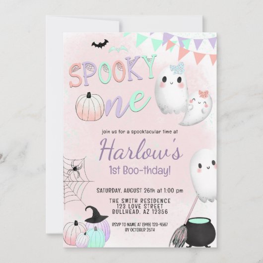 ワン不気味幽霊パステルハロウィーン1日の誕生日 招待状 (正面)